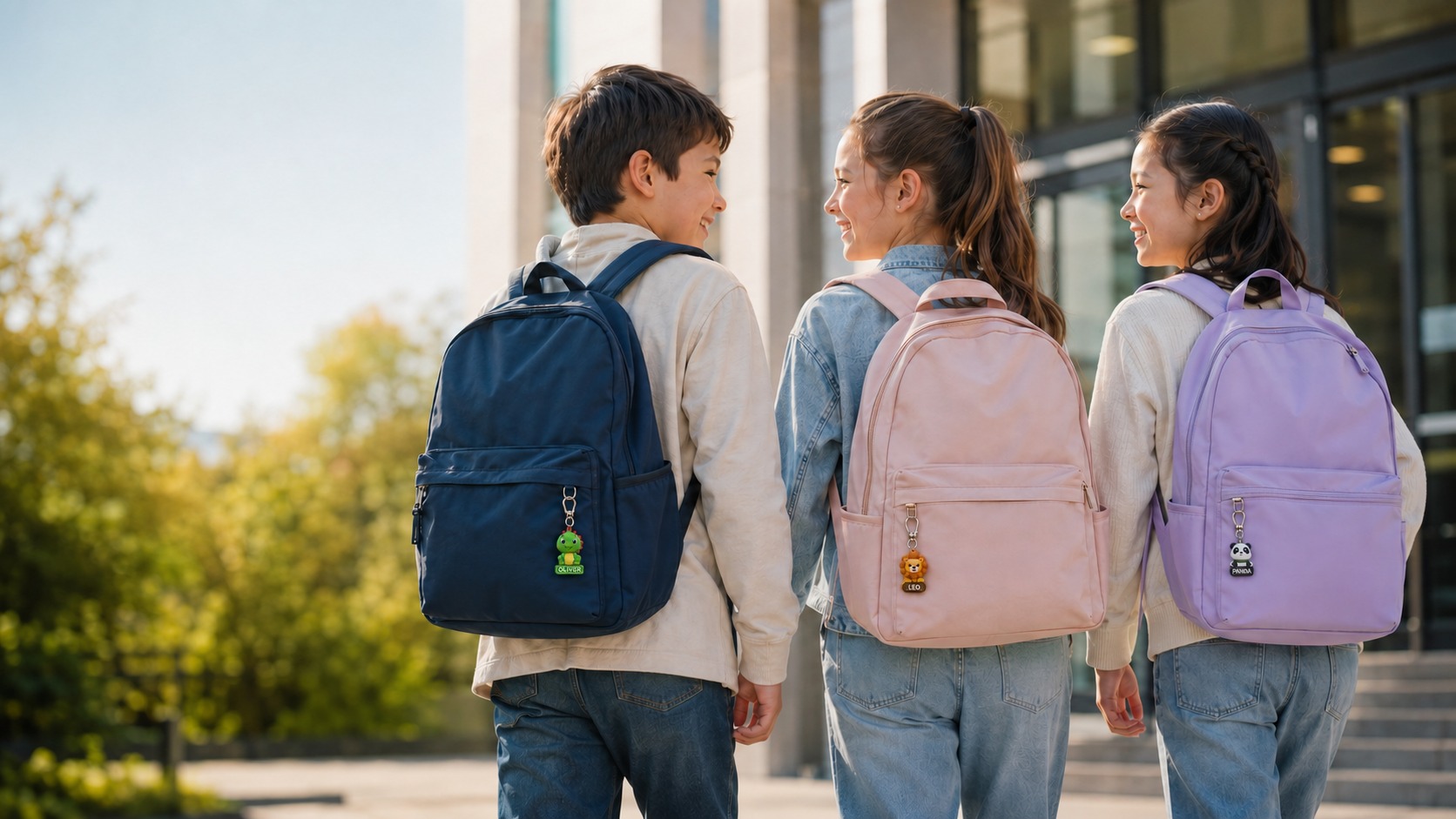 Three children wearing backpacks with small personalised InSyncKids Buddies attached